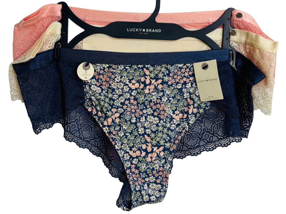 Lucky Brand Tanga Panties Women's 1X Pink Cream Navy Floral Cheeky Lace 3pk NEW